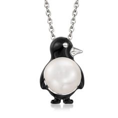 Ross-Simons - 8-8.5mm Cultured Pearl, Black Enamel Penguin Pendant Necklace. 18". An RS exclusive. What a cute style! Our adorable penguin pendant necklace comes to life wearing an 8.8.5mm cultured freshwater button pearl and black enamel. Crafted in polished sterling silver. Suspends from a cable chain with a 2" extender. Lobster clasp, black enamel and white pearl penguin pendant necklace. Pearl birthstones are the perfect gift for June birthdays. Penguin Pendant, Pearl Birthstone, June Birthday, Necklace Pearl, Cute Penguins, Cute Style, Fine Jewellery Necklace, Black Enamel, White Pearl