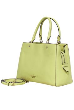 The perfect summer staple, this Kate Spade neon yellow pebbled leather satchel bag! In a vibrant lemon-lime color, this bag is both a functional satchel and a fun pop of color. Made of durable pebbled leather, it also comes with a detachable long strap for versatile wear. 100% Pebbled Leather Fabric lining Middle zipper compartment Magnetic closures Two interior slip pockets One interior zipper pockets Adjustable and detachable long strap Height 8.5" Width 11.25" Depth 5.5" Hand drop 6" Strap drop 21.5" Trendy Yellow Satchel With Zipper Closure, Yellow Kate Spade Shopping Bag, Yellow Satchel With Gold-tone Hardware And Top Handle, Yellow Satchel With Zipper Closure, Kate Spade Yellow Shopping Bag, Lime Color, Kate Spade Accessories, Classic Wardrobe Staples, Leather Satchel Bag