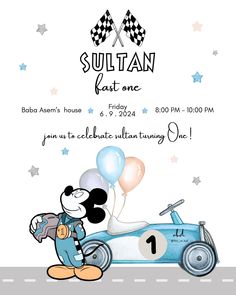 a birthday party with mickey mouse driving a race car and balloons in the shape of a number