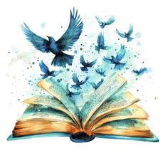 an open book with birds flying out of it