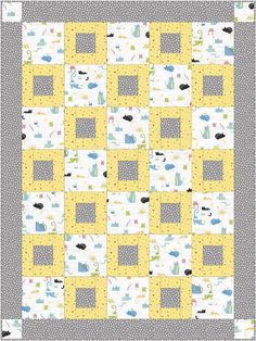 a yellow and gray quilt with animals on it's sides, in the shape of squares