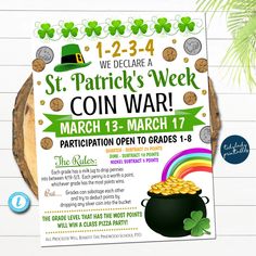 PRINTABLE EDITABLE ST. PATRICK'S DAY COIN WAR FUNDRAISER FLYER TEMPLATE  *ALL TEXT IS EDITABLE SO YOU CAN CREATE THIS TO SAY WHATEVER YOU WISH - TO CUSTOMIZE FOR YOUR SCHOOL OR ORGANIZATION!  Looking for a unique fundraiser event idea?! This printable COIN WAR flyer template is a great tool for your school PTO PTA Organization, business, church, nonprofit or other organization to raise money for your cause!  Full Editing Options With Templett.com TRY BEFORE YOU BUY! Copy and paste the demo link below: https://templett.com/design/demo/TidyLady19/11340212 Designed for Printing 8.5x11" *You are not able to edit this file on an iPad, iPhone, or any other handheld device.  *This is a DIY self-editing digital, printable product - I do not edit this file for you.   *THIS LISTING IS A DIGITAL PROD Coin Wars Fundraiser, Pta Christmas Fundraising Ideas, Dance A Thon Fundraiser, Pta Valentines Fundraiser, Easy Pto Fundraisers, Pto School Event Ideas, Student Fundraising Ideas, Work Fundraising Ideas, Elementary Fundraiser Ideas