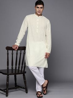 Off white embroidered Kurta with TrousersKurta design:Ethnic motifs embroideredStraight shapeRegular styleMandarin collar, long regular sleeves2 pockets chikankari detailCalf length with straight hemCotton blend machine weave fabricTrousers design:Solid TrousersPartially elasticated waistbandHook and eye closure Semi-stitched Bandhgala With Chikankari Embroidery In Straight Kurta Style, Formal Chikankari Embroidery Straight Kurta Bandhgala, Semi-stitched Straight Kurta With Chikankari Embroidery, Ceremonial Chikankari Embroidery Bandhgala Straight Kurta, Eid Chikankari Embroidery Semi-stitched Kaftan, Anarkali Kurta, Kurta Designs, Mandarin Collar, Anarkali