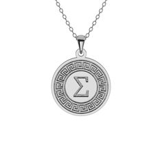 Celebrate your Greek heritage with our Greek Key Disc Necklace featuring a Greek Initial. Meticulously crafted in solid gold or sterling silver, this pendant beautifully marries cultural pride with personalized elegance. The Greek key motif, representing infinity and unity, surrounds your chosen Greek initial, creating a powerful statement of heritage and identity. Wear it with pride or gift it to a fellow Greek; it's a unique expression of cultural identity and individuality, beautifully crafte Engraved White Gold Spiritual Jewelry, Engraved Spiritual White Gold Jewelry, Spiritual Engraved White Gold Jewelry, Symbolic 14k Gold Jewelry With Engraving Option, Symbolic Jewelry With Engraving Option For Formal Occasions, Symbolic Medallion Jewelry For Commemoration, Spiritual Medallion Jewelry For Anniversary, Symbolic Yellow Gold Jewelry With Engraving Option, Symbolic Medallion Necklace With Engraving Option