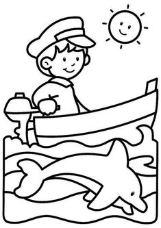 a boy with a boat and dolphin in the ocean coloring pages for kids, printable