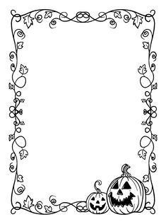 a black and white halloween frame with two pumpkins on the bottom, surrounded by swirly vines