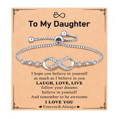 PRICES MAY VARY. 【Infinity Daughter Bracelet】-- The bracelet designed with the infinity charm represents the endless love, the love between mom and daughter is forever. Give this infinity love bracelet to your daughter and tell her: "I love you forever and always." 【Material】-- Our bracelet is inlaid with sparkly cubic zirconia, made of silver-plated infinity charm, hypoallergenic and nickel free, safe for sensitive skin. 【Adjustable Size】--Adjustable-Sliding design that allows you to adjust the Adjustable Infinity Jewelry Gift For Mom, Adjustable Infinity Jewelry As Gift For Mom, Mother's Day Inspirational Adjustable Name Bracelet, Adjustable Charm Bracelet For Birthday And Mother's Day, Adjustable Bracelets For Birthday And Mother's Day, Inspirational Adjustable Bracelets For Birthday, Adjustable Jewelry For Birthday And Mother's Day, Inspirational Adjustable Bracelets For Mom, Adjustable Infinity Jewelry For Mother's Day