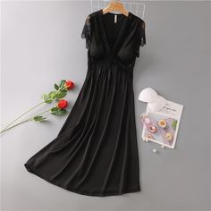 Gift for women Black V-neck Sleepwear With Lace Trim, Black V-neck Sleepwear For Spring, Elegant Black Nightgown For Summer, Black V-neck Nightgown For Wedding Night, Elegant Short Sleeve Nightgown For Bedtime, Black Summer Sleepwear For Night, Elegant Sleepwear For Sleepovers, Elegant Black Sleepwear For Night, Elegant Black Sleepwear