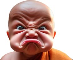 a close up of a baby's face with an angry look on its face