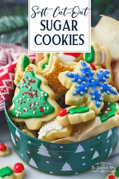 a bowl full of cut out sugar cookies with the title overlay saying, set out sugar cookies