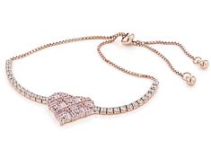 Bella Luce ® pink and white diamond simulants 3.71ctw round and baguette, Eterno™ 18k rose gold over sterling silver heart adjustable bracelet. Measures approximately up to 9"L x 0.56"W and has a bolo closure. The diamond equivalent weight is 1.94ctw. Rose Gold Jewelry With Pave Setting In Cubic Zirconia, Rose Gold Cubic Zirconia Jewelry With Pave Setting, Rose Gold Bracelets With Pave Setting For Gift, Pink Gold Cubic Zirconia Heart Cut Jewelry, Pink Gold Heart Cut Cubic Zirconia Jewelry, Valentine's Day Pink Gold Jewelry With Cubic Zirconia, Valentine's Day Pink Gold Cubic Zirconia Jewelry, Rose Gold Cubic Zirconia Jewelry With Baguette Diamonds, Rose Gold Baguette Diamond Jewelry In Cubic Zirconia