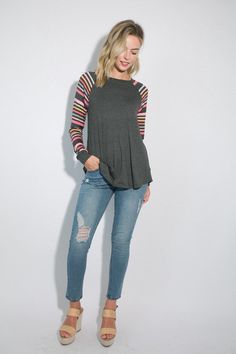 PLUS MULTI STRIPE PRINT AND SOLID MIXED CASUAL TOP- Plus multi stripe print and solid mixed casual top- Round neck and long sleeve- Relaxed fit- Stripe print and solid jersey mixed- 95% RAYON, 5% SPANDEX- MADE IN U.S.A Style: Casual Print / Pattern: STRIPE PRINT AND SOLID Fit: Relaxed fit Neck Line: Round neck Sleeve: Long sleeve Lining: No Made In: United StatesFabric Contents: 95% RAYON, 5% SPANDEXNon-sheer fabricCare Instructions: maxhine wash cold, Do not bleachSize Measurement (inch): 1X: 4 Suede Outfit, Leopard Outfits, Burgundy Outfit, Denim Short Dresses, Top Round, Top Graphic Tees, Plus Size Top, Denim Leggings, Crop Top Blouse