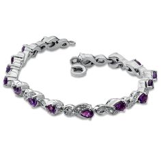 On her February birthday, give her a gift she will treasure forever. Fashioned in fine sterling silver, this infinity symbol link bracelet features glistening 5.0 x 3.0mm pear-shaped amethysts enhanced with shimmering diamonds totaling 1/10 ct. A captivating look, this polished bracelet measures 7.0 inches in length and secures with a lobster claw clasp. Sterling Silver Tennis Bracelet With Diamond Accents, Sterling Silver Diamond Gemstone Bracelet As A Gift, Gemstone Accented Fine Jewelry Tennis Bracelet, Sterling Silver Bracelets With Diamond Accents As Gift, Elegant Amethyst Bracelets With Gemstone Accents, Elegant Amethyst Bracelets For Anniversary, Elegant Amethyst Bracelet For Anniversary, Elegant Purple Jewelry With Polished Finish, Purple Jubilee Tennis Bracelet