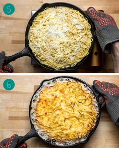 two pictures showing how to cook pasta in a cast iron skillet, and then using oven mitts