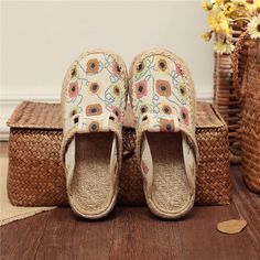 Cloth Shoes Linen Big Head Slippers Flat Heels Cotton Low Top Women's Slippers Shoes Beige Closed Toe Mules For Spring, Beige Closed-toe Mules For Spring, Beige Slip-on Mules With Round Toe, Comfortable Closed Toe Heels For Spring, Comfortable Spring Closed Toe Heels, Spring Clogs With Textured Footbed, Beige Slip-on Slippers With Round Toe, High Heel Beige Clogs For Spring, Beige Closed Toe Slip-on Heels