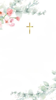 a cross and some flowers on a white background