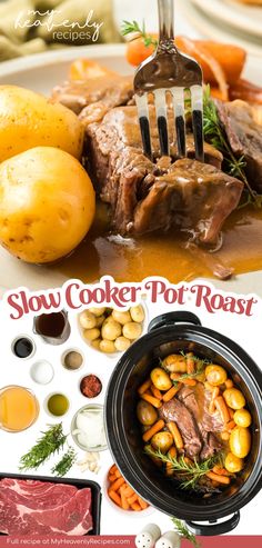 slow cooker pot roast recipe with potatoes, carrots and meat in the background