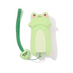 a green phone with a frog attached to it's back and an ear cord