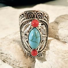 Beautiful Tibet Bohemian Ethnic Ring Is: Antique Silver Plated Size: 7 Beautiful Red And Howlite Turqouise Stone. Comes With A Small Thank You Gift! Will Be Beautifully Wrapped In A Box With Ribbon As Shown In Pictures. I Take Great Pride In What I Sell And Stand Behind Each Item. I Want My Buyers To Love What They Receive From Me. I Love Offers And To Bundle Items. Just Message Me Bohemian Multicolor Rings For Festival, Nickel-free Blue Turquoise Ring Bohemian Style, Nickel-free Bohemian Turquoise Ring, Multicolor Metal Bohemian Rings, Bohemian Multicolor Metal Rings, Bohemian Nickel-free Rings For Festivals, Bohemian Blue Jewelry With Metal Ring, Blue Bohemian Jewelry With Metal Ring, Bohemian Adjustable Turquoise Ring For Festivals