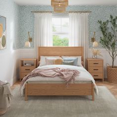 a bed room with a neatly made bed next to a window and a potted plant