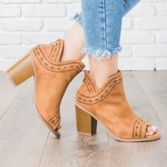 These Ankle Booties Feature A Trendy 3" Chunky Stacked Heel And A Cute Peep Toe Design, Perfect For The Transition Into Spring! The Back Ankle Zipper Makes It Easy To Put These Shoes On And Take Them Off, And The Gorgeous Laser-Cut Details Give These Shoes Some Extra Style And Sass. Paired With A Casual Dress Or New Frayed Bottom Skinny Jeans, These Beauties Would Complete Your Ultimately Stylish Look! Tan Nubuck Fit: True To Size Shipped With Shoebox Casual High Heel Block Heels For Fall, Spring Heeled Boots With Block Heel, Open Toe Block Heels For Fall, Fall Open Toe Block Heels, Fall Season Open Toe Block Heels, Spring Heeled Boots With Stacked Block Heel, Heeled Boots With Stacked Block Heel For Spring, Fall Open Toe Block Heels With Stacked Heel, Casual Closed-toe Heeled Boots For Spring