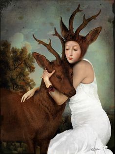 a painting of a woman in white dress hugging a deer with antlers on its head