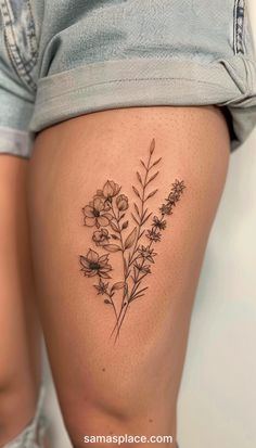 60+ Thigh Tattoos For Women For 2024 Sticker Sleeve Tattoo Thigh, Delicate Thigh Tattoo, Flower Hip Tattoo Thigh Piece, Thigh Tattoo Flowers, Medium Sized Tattoos For Women, Fine Line Thigh Tattoo, Womens Thigh Tattoo, Flower Tattoos Thigh, Front Thigh Tattoo Women