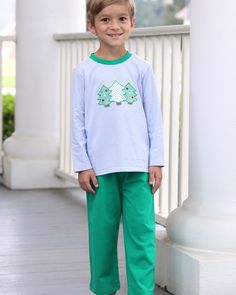 Get ready for the holiday season with our Christmas Tree Applique Blue Stripe Boys Pant Set! This adorable set features three charming Christmas tree appliques on a blue striped shirt, paired with knit green pants. Perfect for church, school, and play dates, this set will have your little one looking festive and stylish. Don't miss out on this must-have addition to your child's holiday wardrobe! Christmas Tree Applique, Boys Pant, Tree Applique, Magnolia Baby, Style Bubble, Pajama Romper, Bloomers Shorts, Blue Striped Shirt, Charming Christmas