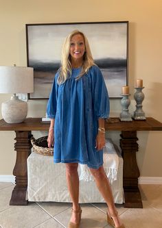 DESCRIPTION Denim mini dress featuring round neck, 3/4 sleeves, and side pockets. Button closure at back. Unlined. Non-sheer. 100% cotton. SIZING INFO S/2-4 M/6-8 L/10-12 Denim Blue Relaxed Fit Dress For Day Out, Relaxed Fit Washed Dresses For Daywear, Denim Washed Dresses For Daywear, Dark Wash Summer Dress For Daywear, Medium Wash Relaxed Fit Dress For Daywear, Denim Daywear Dresses Washed, Washed Denim Dress For Daywear, Knee-length Washed Dresses With Relaxed Fit, Cotton Dress With 3/4 Sleeve For Day Out