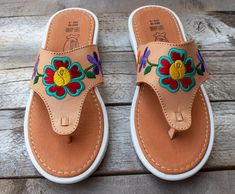 New womens flower embroidered leather slip on authentic mexican huarache sandals Bohemian Slip-on Sandals For Spring, Comfortable Leather Flip Flops For Summer, Bohemian Sandals With Cushioned Footbed And Round Toe, Bohemian Sandals With Rubber Sole And Round Toe, Summer Slip-on Huarache Sandals With Rubber Sole, Huarache Sandals With Rubber Sole For Beach In Spring, Summer Huarache Sandals With Leather Footbed And Flat Heel, Summer Huarache Sandals With Rubber Sole, Spring Round Toe Rubber Sole Flip Flops