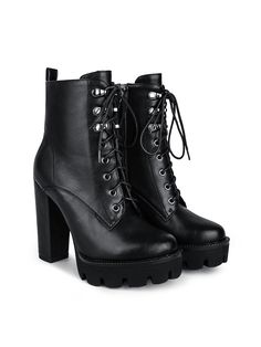 Rubber sole[SIZE]: The heel height of chunky boots for women is about 4.72in/12cm, platform height is about 1.18in/3cm.[MATERIAL]: The high heel ankle boots for women are made of PU leather and the lining is made of Jersey, breathable and comfy, suitable for all seasons.[DESIGN]: These ankle boots for women are designed with platform, chunky heels, lace up and round toe. They are a hit wherever you are.[OCCASION]: These heeled boots for women seamlessly blend a sexy and goth-inspired look, wheth Edgy Martin Boots With Chunky Platform And High Heel, Chunky Platform Combat Boots With Block Heel For Fall, Trendy Chunky High Heel Platform Boots, Fall Chunky Platform Block Heel Lace-up Boots, Fall Combat Boots With Chunky Platform And Block Heel, Winter Martin Boots With Chunky Platform And Block Heel, Fall Lace-up Boots With Chunky Platform And Block Heel, Edgy Chunky Platform Heeled Boots With Block Heel, Chunky High Heel Platform Boots For Winter