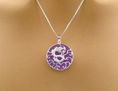 "Chinese Dragon necklace - protection, wisdom, strength: Silver dragon encases a solid lavender/purple jade disc in this bezel set sterling silver and jade pendant necklace. All metal is sterling silver. Choose a sterling silver box or twisted serpentine chain. Great gift for birthdays, particularly sweet 16, and for graduations, Christmas or Hanukkah. Thoughtful gift for first responders, as the Chinese dragon is said to provide protection. The dragon is a legendary creature symbolizing protect Nickel Free Lavender Round Jewelry, Purple Engraved Sterling Silver Necklace, Engraved Sterling Silver Purple Necklace, Engraved Purple Sterling Silver Necklace, Engraved Purple Sterling Silver Jewelry, Purple Necklace Stamped 925 As Gift, Lavender Sterling Silver Round Jewelry, Lavender Nickel-free Round Jewelry, Purple Amulet Necklaces As Gifts