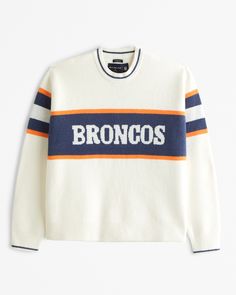 a sweater with the word broncos on it in blue, orange and white stripes