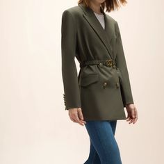 Veronica Beard Hutchinson Dickey Jacket Blazer Size Xs Oversize Silhouette Color: Logan "Army Green" New With Tags Retail $798 A Chic Oversized Jacket Tailored For A Loose Fit, Use The Removeable Belt To Cinch Your Waist. Compatible With All Veronica Beard Dickeys Removeable Belt - No Belt Loops Crest Buttons Shoulder Pads Double Breasted Lined Professional Dry-Clean Only Approximate Measurements: Underarm To Underarm 18" Sleeves 24" Length 29" 66% Wool 30% Polyamide 4% Elastine Designer Double-breasted Blazer For Fall, Luxury Blazer With Belt Loops And Long Sleeves, Luxury Tailored Belted Blazer, Luxury Fall Blazer With Belt Loops, Luxury Blazer With Belt Loops For Fall, Luxury Long Sleeve Belted Blazer, Luxury Long Sleeve Blazer With Belted Cuffs, Designer Belted Blazer For Work, Designer Long Sleeve Belted Outerwear