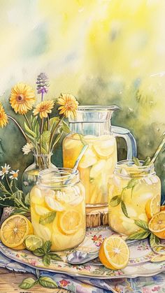 a painting of mason jars filled with lemons and daisies on a table cloth