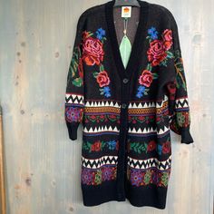 Gorgeous!! New With Tags Farmrio Farm Rio Flower Tapestry Oversized Long Cardigan Nwt Medium Farm Rio Coat, Bohemian Floral Print Winter Cardigan, Winter Floral Embroidered V-neck Cardigan, Long Oversized Cardigan, Farm Rio Cardigan, Textured Knit Cardigan, Boho Pullover, Multicolor Sweater, Heart Cardigan