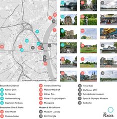 a map with many different locations in the city and numbers on each one side that indicate where to go