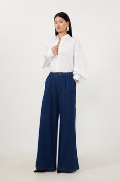 Tencel Denim Woven Wide Leg Trousers Tencel Denim, Denim Belt, Crisp White Shirt, Denim Trousers, Karen Millen, Button Design, Wide Leg Denim, Tailored Trousers, Premium Denim