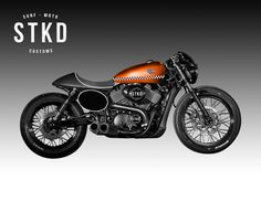 an orange and black motorcycle with the words stkd on it