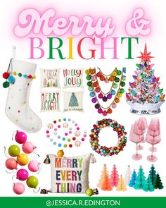 merry and bright christmas card with holiday decorations, gifts, and other items for the holiday season