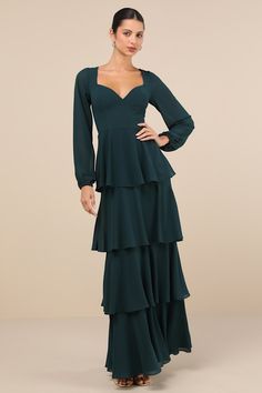 Flawless Excellence Emerald Tiered Long Sleeve Maxi Dress Knot Tie Dress, A Line Maxi Dress, Modest Bridesmaid Dresses, Fall Wedding Guest Dress, Bridal Party Dresses, Fall Wedding Dresses, Long Sleeve Wedding, Green Long Sleeve, Sleeve Maxi Dress