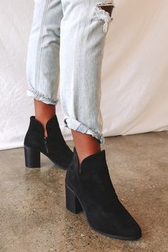 Black Suede Boots - High Heel Ankle Boots - Block Heel Booties - Lulus Trendy Suede Heeled Boots For Fall, Trendy Suede Boots For Fall, Fall Suede Ankle-high Heeled Boots, Fall Suede Ankle-high Booties, High Ankle Suede Booties For Fall, Fall Suede High Ankle Platform Boots, Suede High Ankle Platform Boots For Fall, Suede Ankle Boots With Zipper, Suede Ankle Boots With Zipper Closure