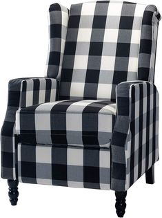 a black and white checkered chair with wooden legs