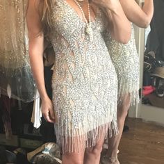 Wore Once. Like New. Paid $1650 Christal Tassel Fringe. Fully Beaded Shirt Sheer Cocktail Dress. Plunge V-Neck Shape Neckline. V-Back. Beaded Shirt, Jovani Dresses, Tassel Fringe, Checks, Cocktail Dress, Size 4, Like New, Mini Dress, V Neck