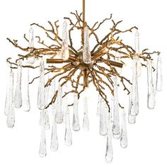 a chandelier with glass drops hanging from the ceiling