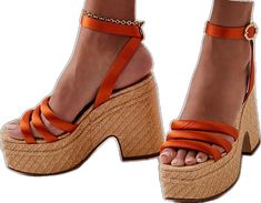 Trendy Orange Open Toe Heels, Orange High Heels For Summer, Orange Wedge Sandals For Summer, Orange High Heel Wedge Sandals For Summer, Orange Platform Wedge Sandals For Summer, Trendy Orange Wedge Heels, Trendy Orange Open Heel Sandals, Summer Orange Round Toe Heels, Trendy Orange Round Toe Wedge Sandals