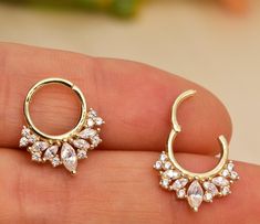 Septum Piercing On Women, Daith Piercing Styling, Pretty Septum Jewelry, Pretty Septum Piercing Jewelry, Gold Halo Septum Ring For Wedding, Dainty Gold Belly Rings For Wedding, Yellow Gold Hoop Piercings For Wedding, Gold Hoop Piercings For Wedding, Gold Hoop Wedding Piercings