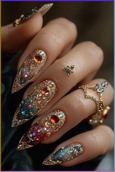 Trendsetting Best Winter Nail Colors 2023-2024: Stay ahead of the curve with trendsetting best winter nail colors for 2023-2024. From oval to coffin shapes, these designs showcase the latest nail polish trends. These nails are the perfect accessory for staying stylish and chic. Elevate your style with popular nail polish colors that set the trend. Nail Luxury Design, Nail Ideas Rhinestones, Nails With Jewels Rhinestones, Nail Rhinestone Design Ideas, Gold Rhinestone Nails, Jewelled Nails, Gold Nail Set, Nail Art Jewels, Jewel Nails