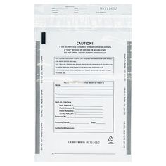 a white plastic bag with the word caution on it's front and back side