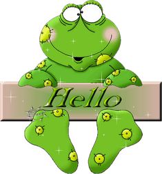 a green frog sitting on top of a sign with the word hello written below it